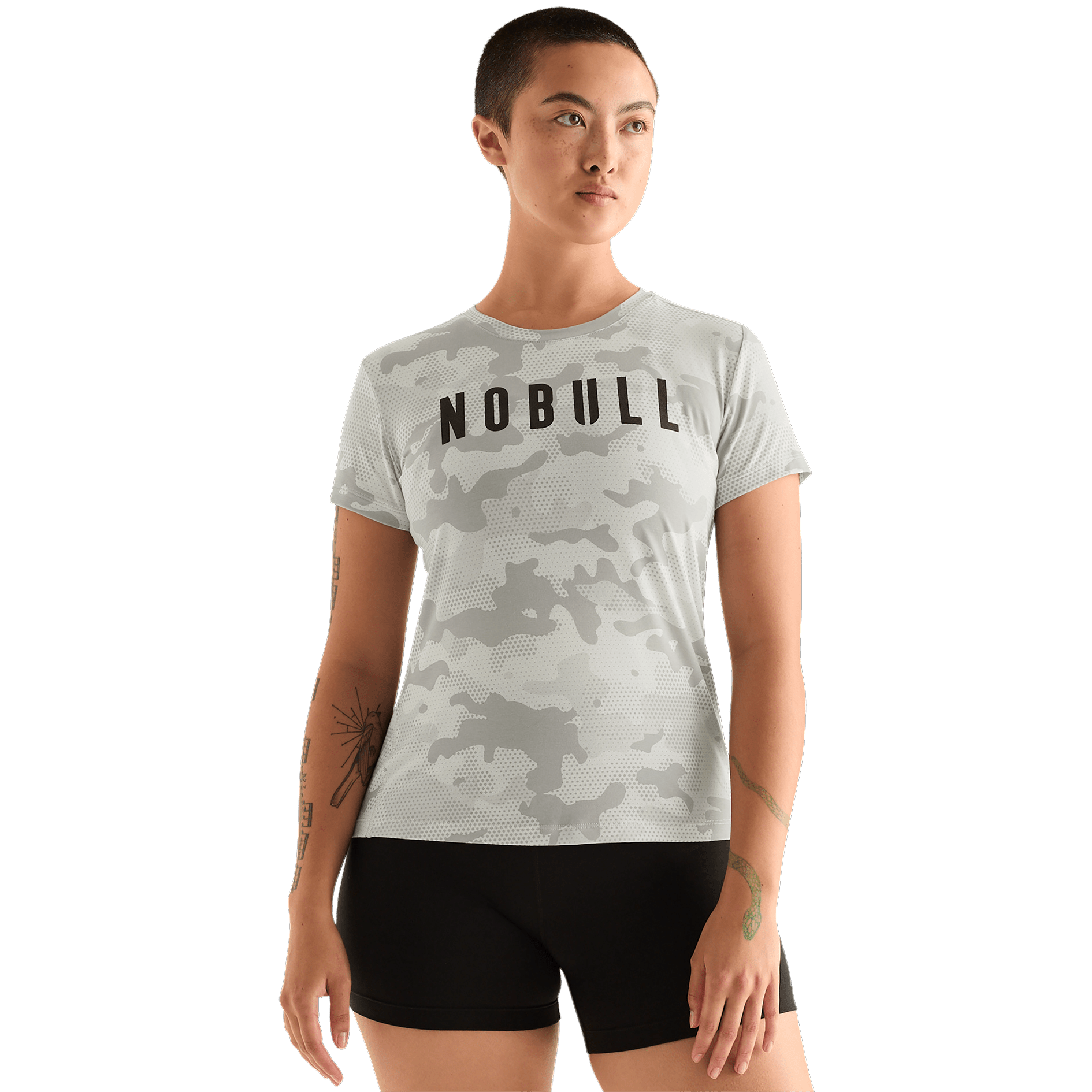 Light Grey Camo Women's NOBULL Tee Front Angle.