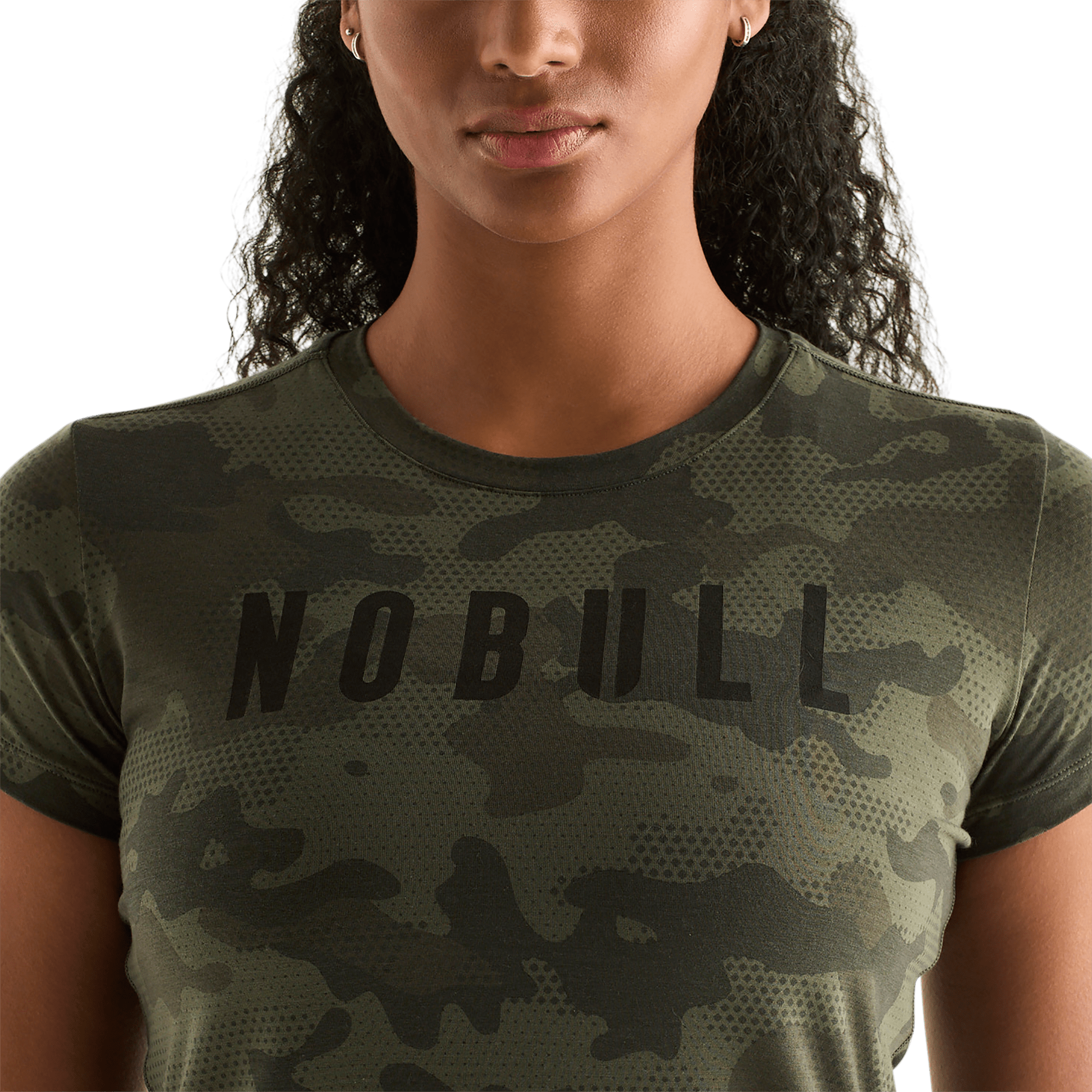 Dark Army Camo Women's NOBULL Tee Front Detail Angle.