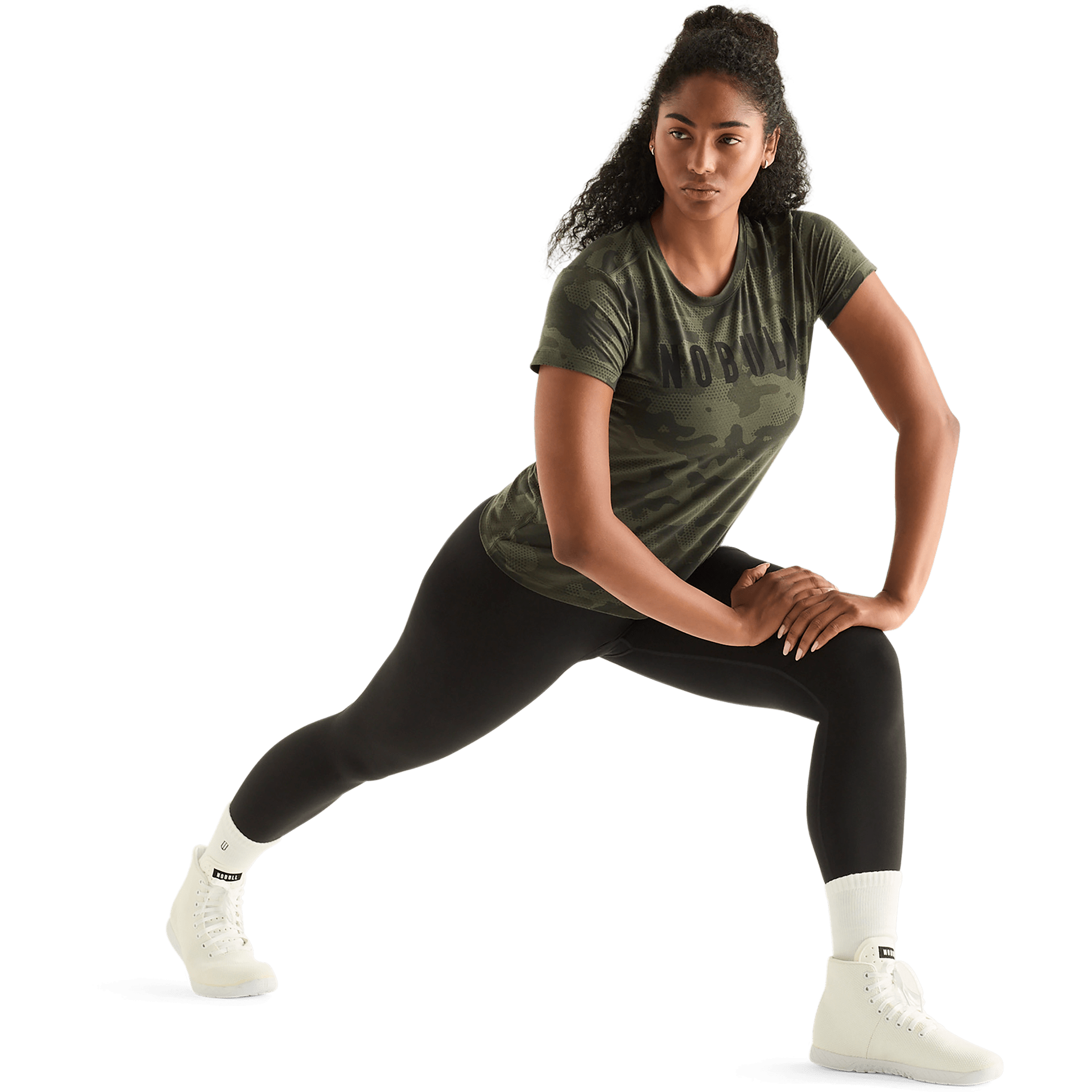 Dark Army Camo Women's NOBULL Tee Action Shot Angle.