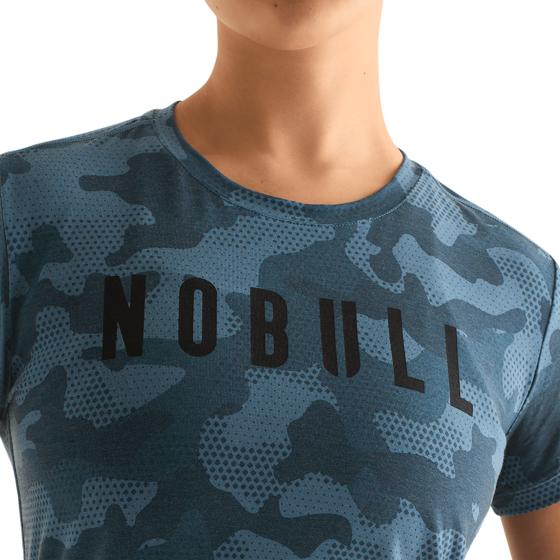 Coastal Blue Camo Women's NOBULL Tee Front Detail Angle.