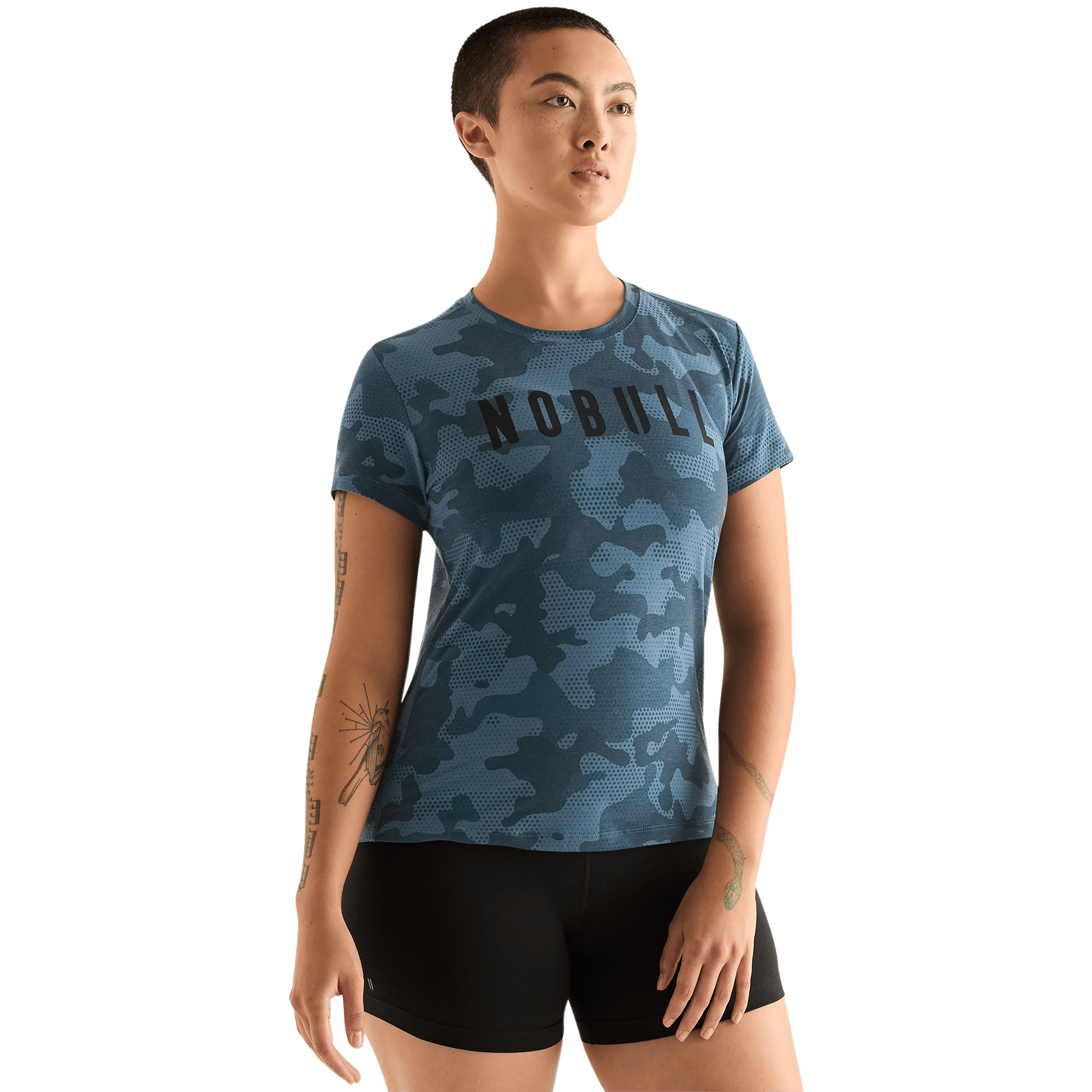 Coastal Blue Camo Women's NOBULL Tee Front Angle.