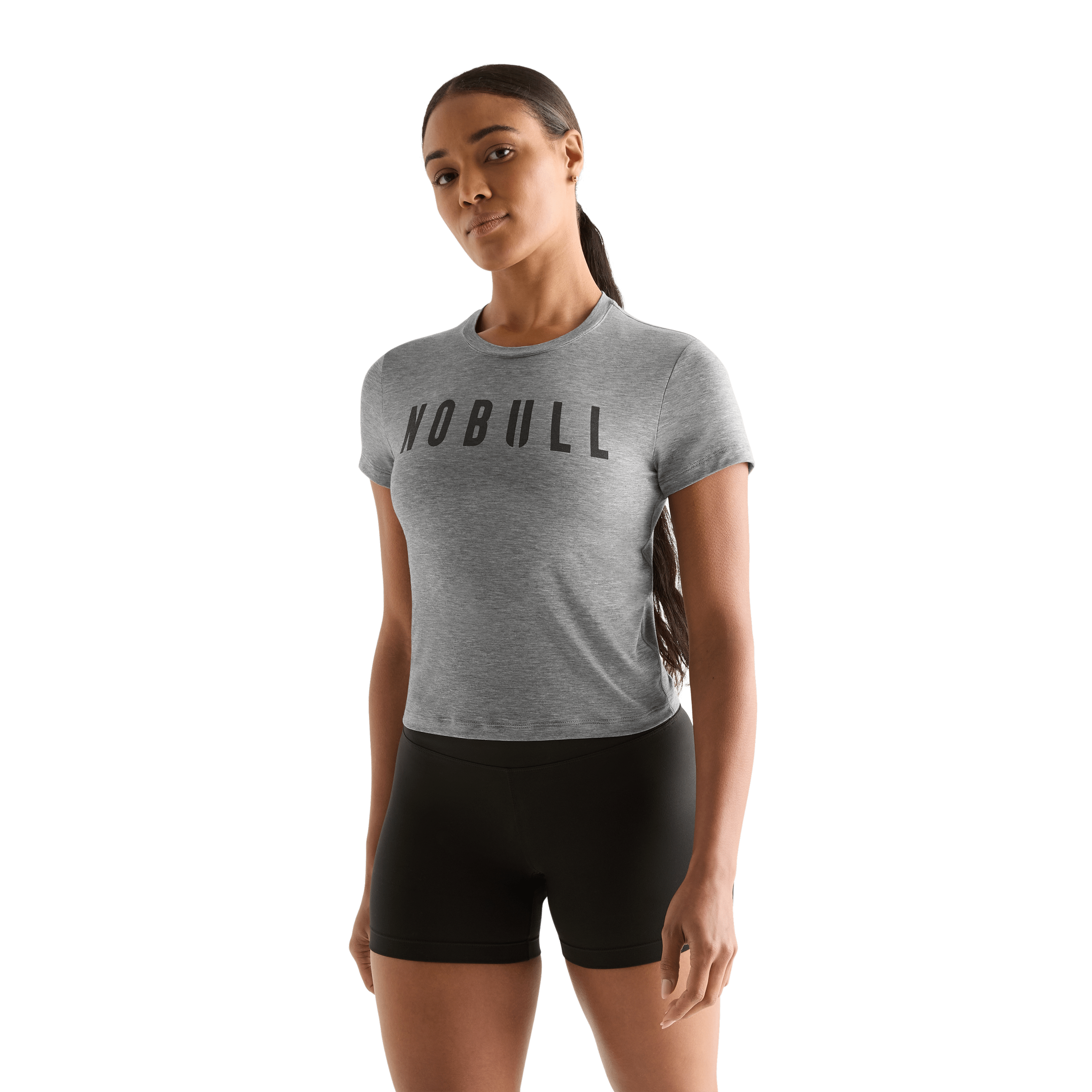 Heather Gray Women's NOBULL Fitted Tee Front Angle.