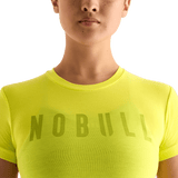 Neon Yellow Women's Fitted Tee Front Detail Angle.