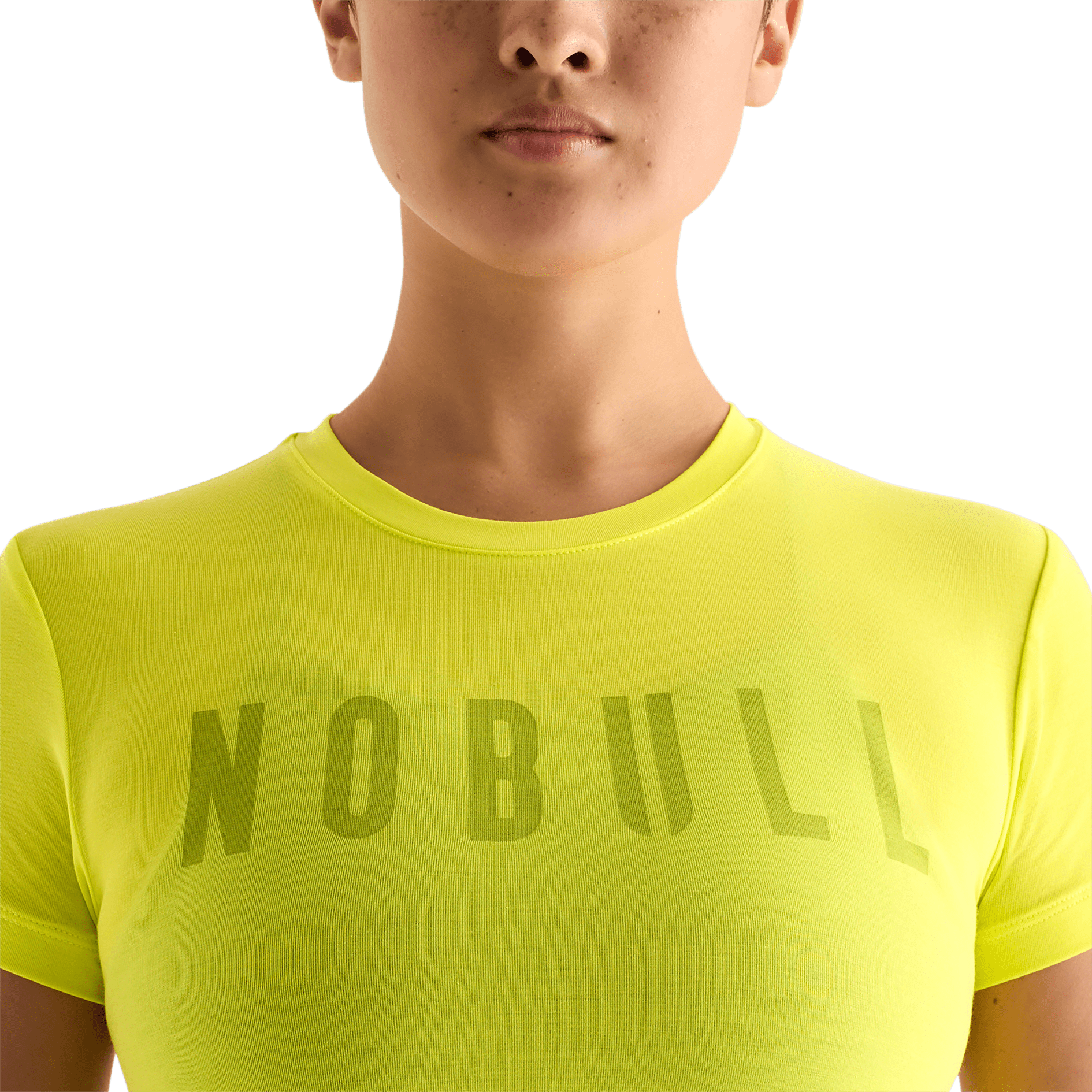 Neon Yellow Women's Fitted Tee Front Detail Angle.