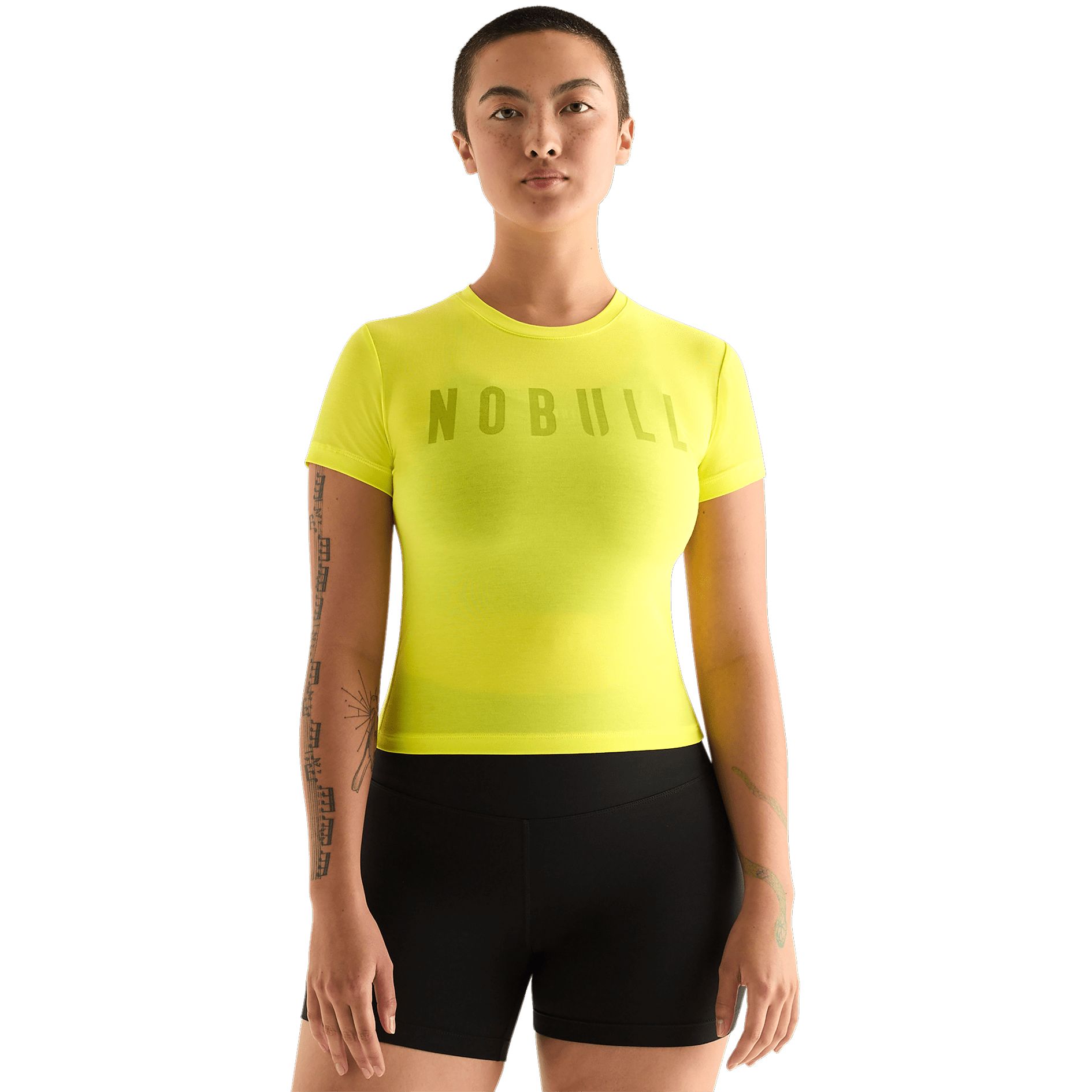 Neon Yellow Women's Fitted Tee Front Angle.