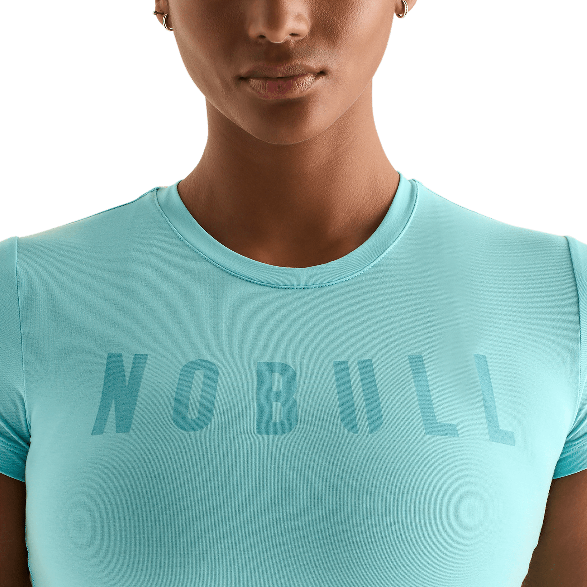 Aqua Heather Women's Fitted Tee Front Detail Angle.