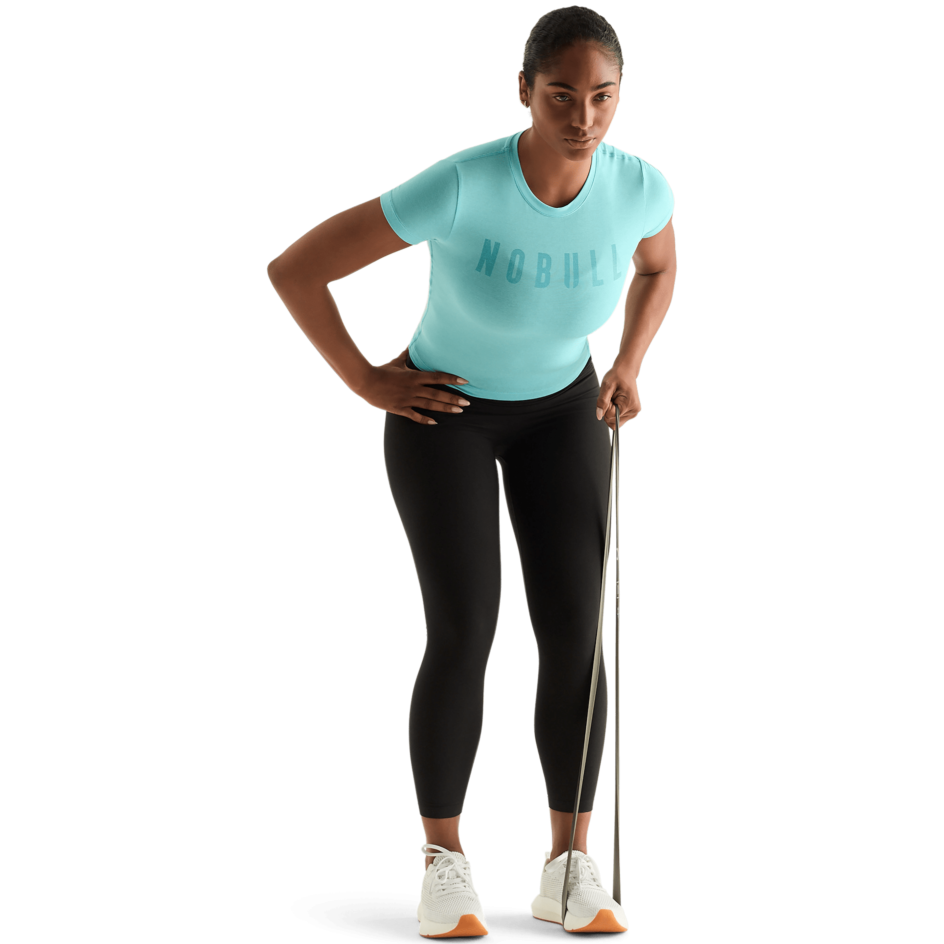 Aqua Heather Women's Fitted Tee Action Shot.