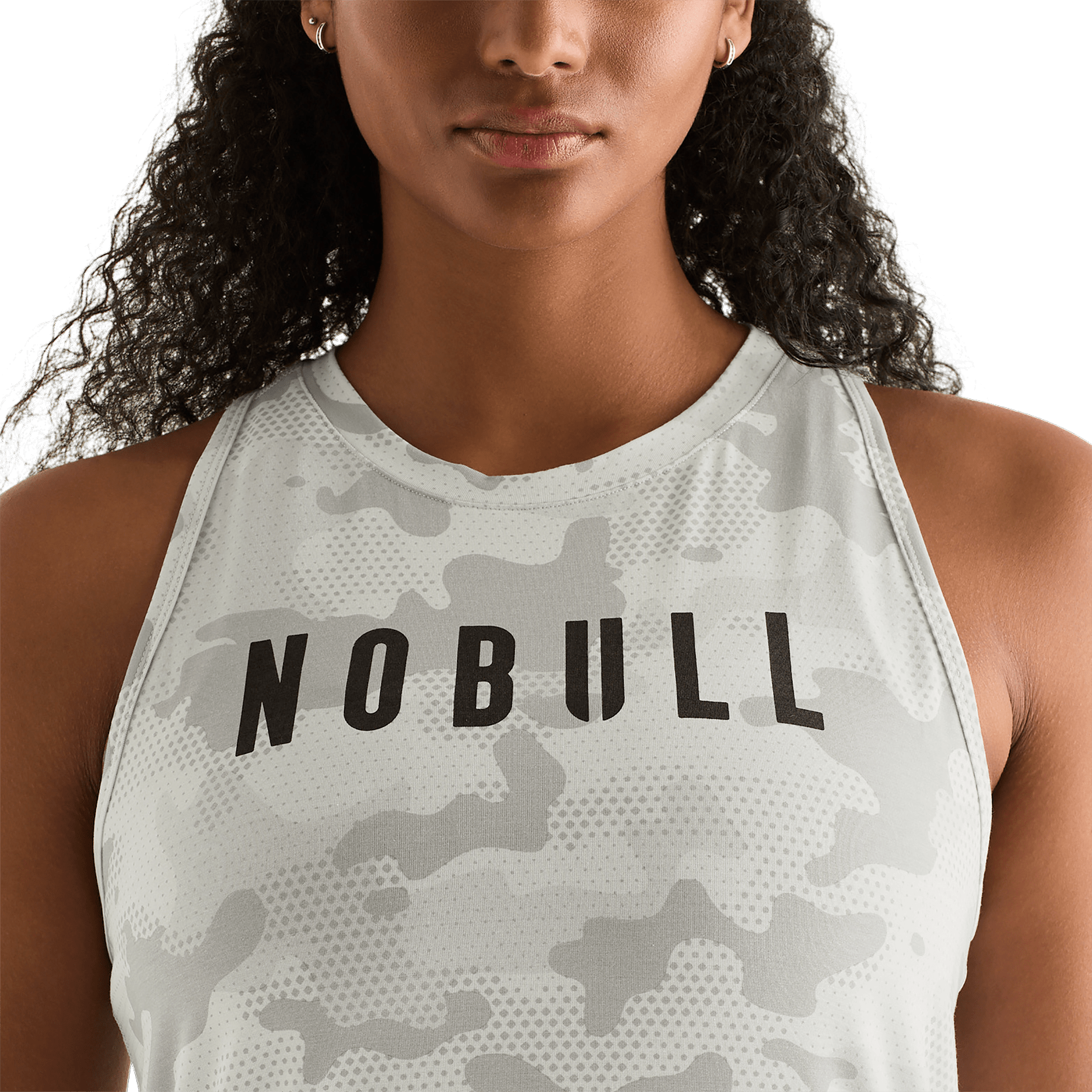 Light Grey Camo Women's High-Neck Tank Front Detail Angle.
