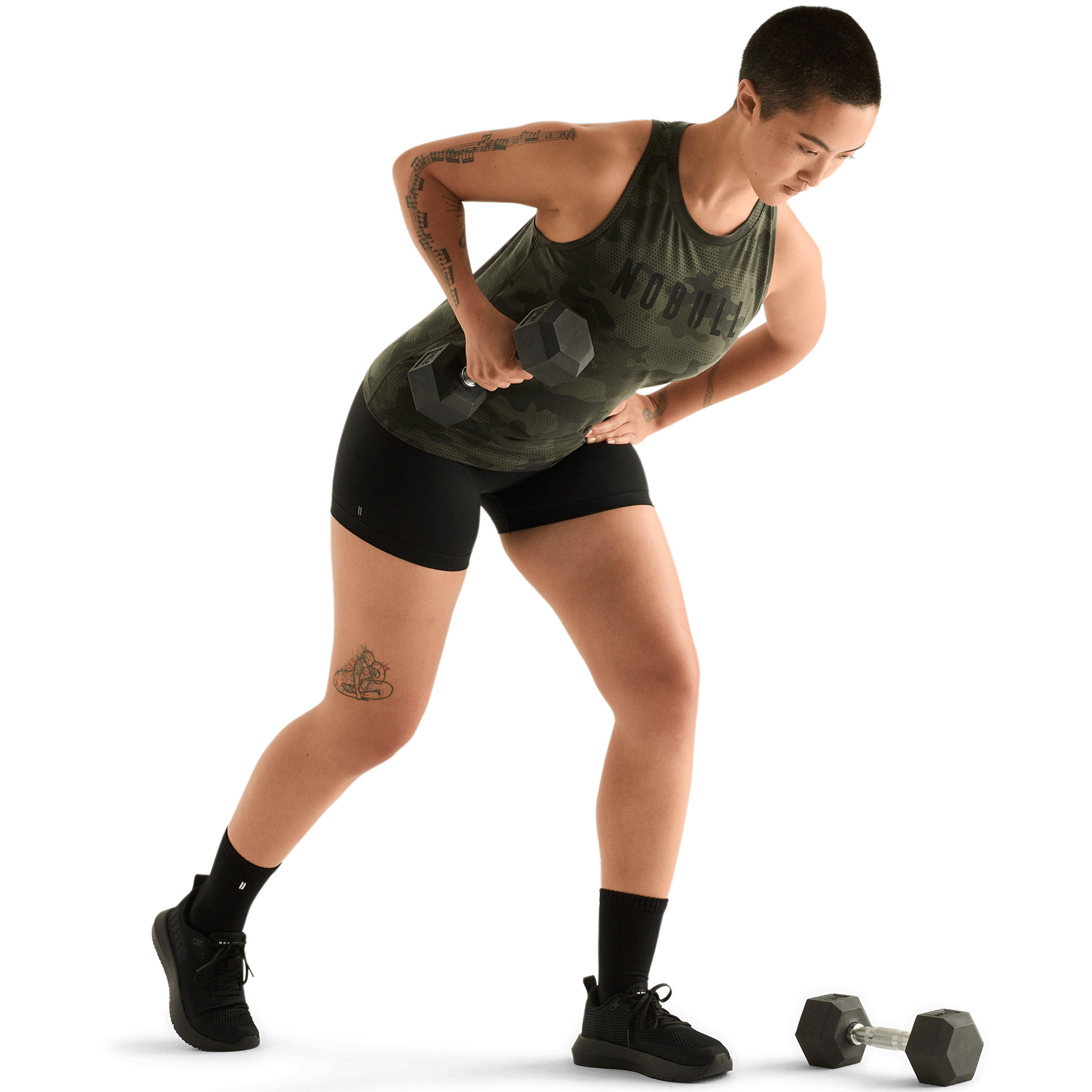 Dark Army Camo Women's High-Neck Tank Action Shot Angle.