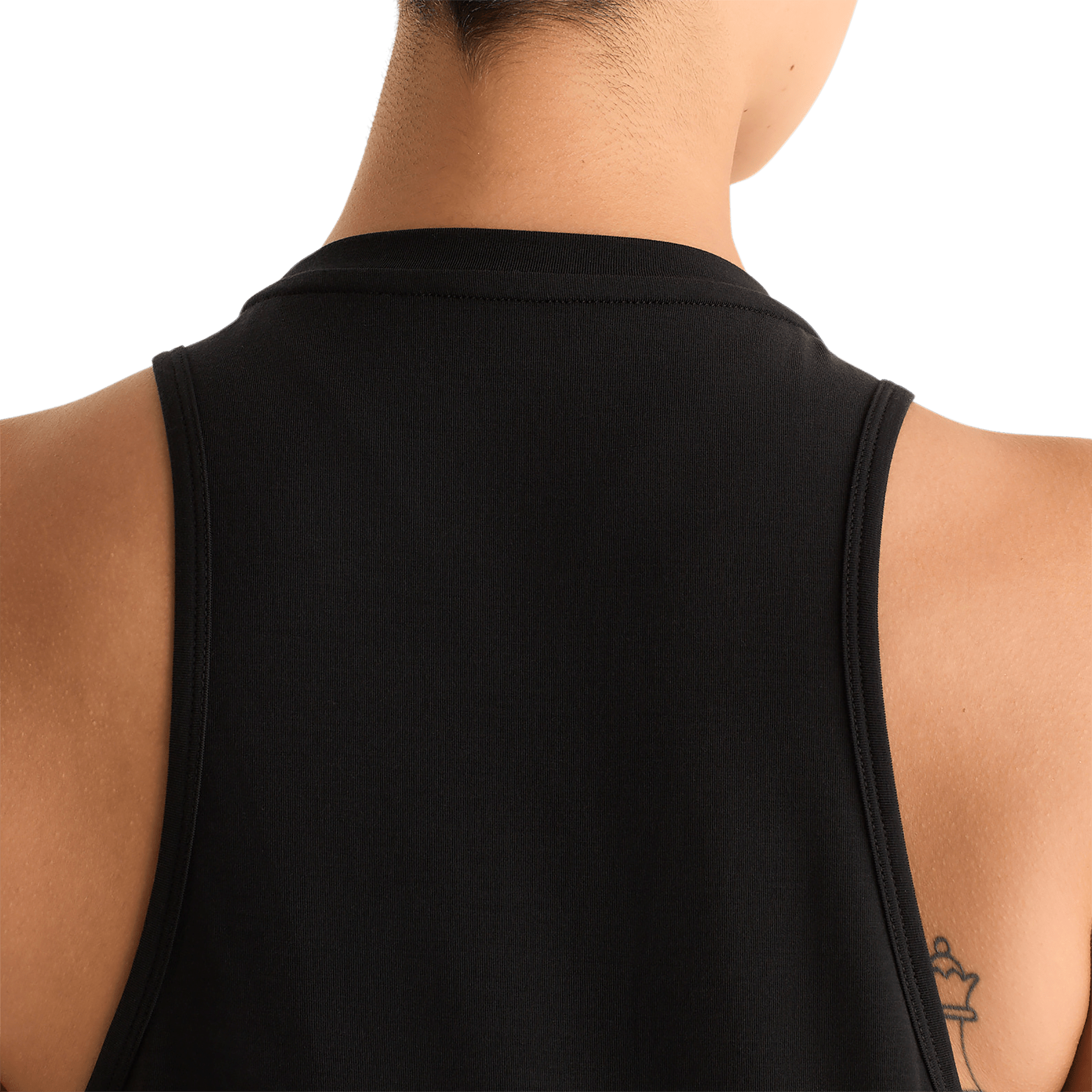 Black Women's Be U High-Neck Tank Back Detail Angle.