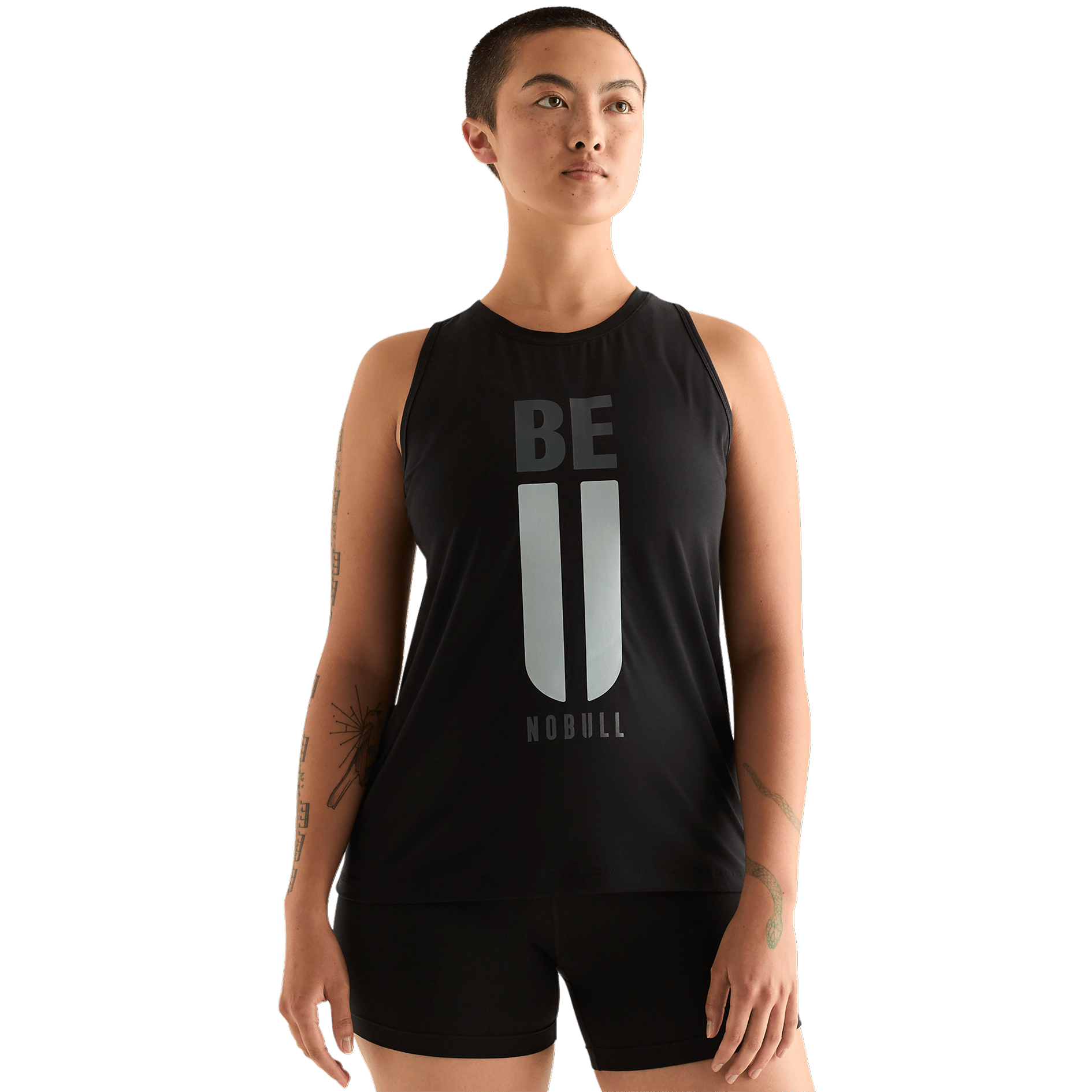 Black Women's Be U High-Neck Tank Front Angle.