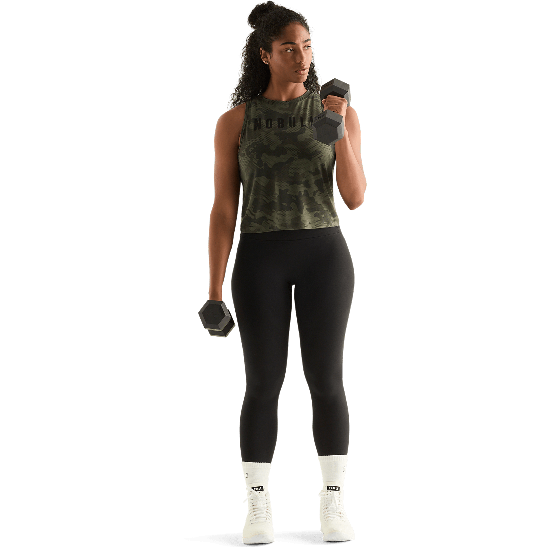 Dark Army Camo Women's Muscle Tank Action Shot Angle.