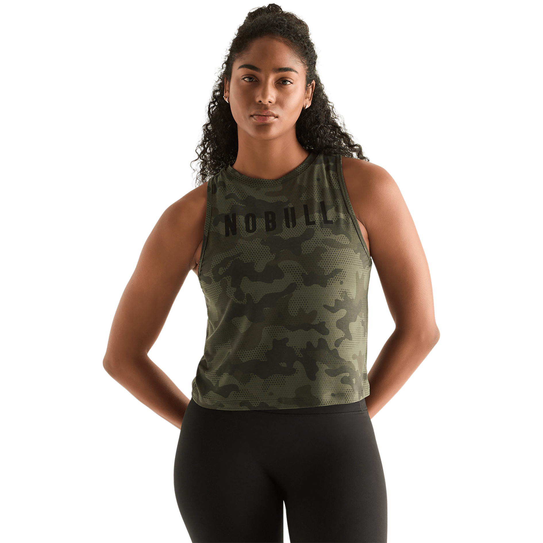 Dark Army Camo Women's Muscle Tank Front Angle.