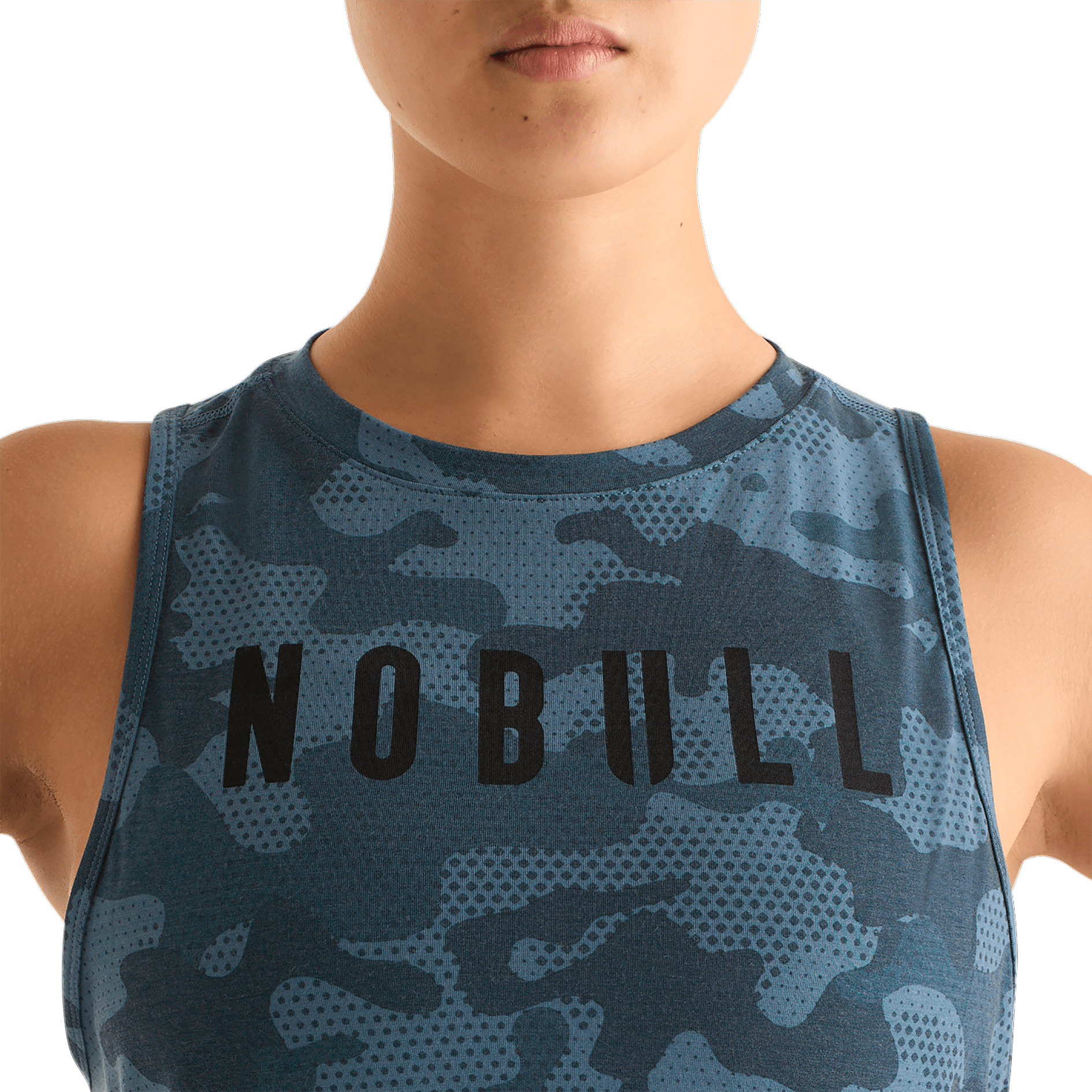 Coastal Blue Camo Women's Muscle Tank Front Detail Angle.