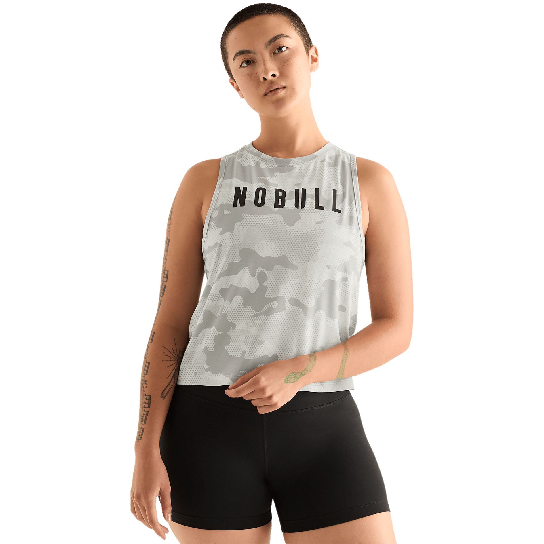 Light Grey Camo Women's Muscle Tank Front Angle.