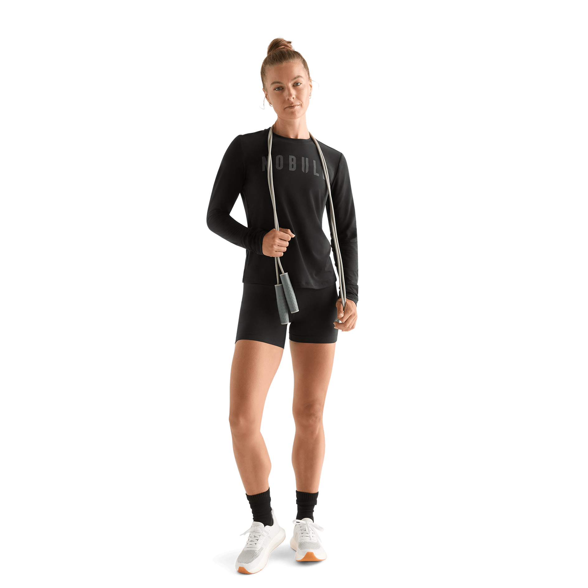 Black Women's NOBULL Long Sleeve Tee Action Shot Angle.
