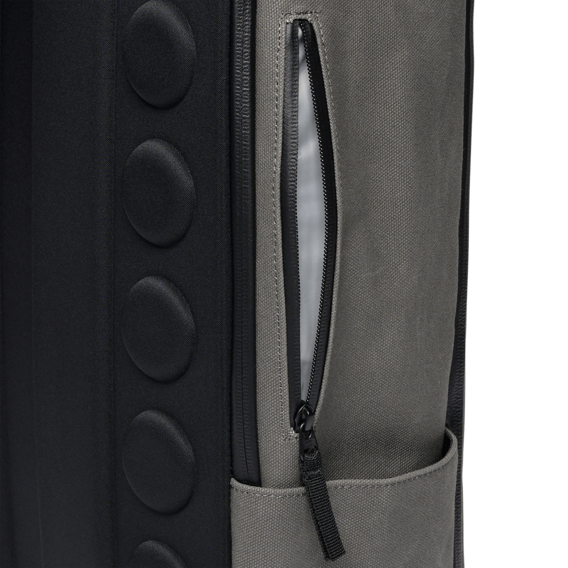 Waxed Grey Canvas Backpack Side Zipper Pocket Angle