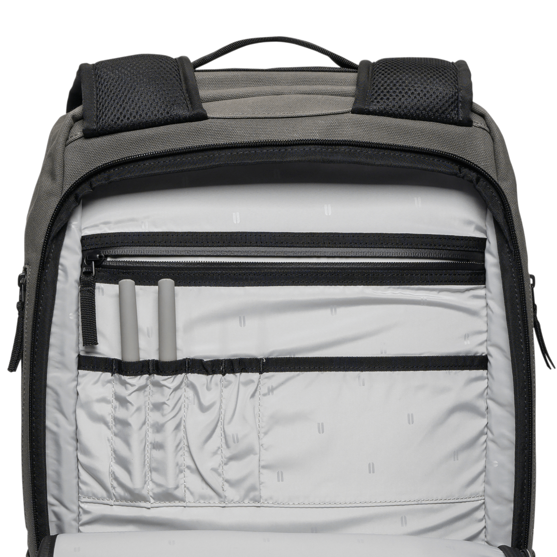 Waxed Grey Canvas Backpack Interior Zipper Pocket Angle