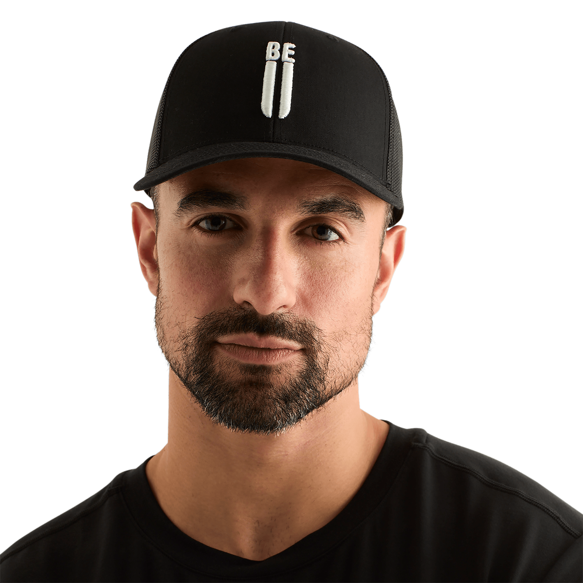 Man Wearing Black Be U Trucker Hat Front Angle.