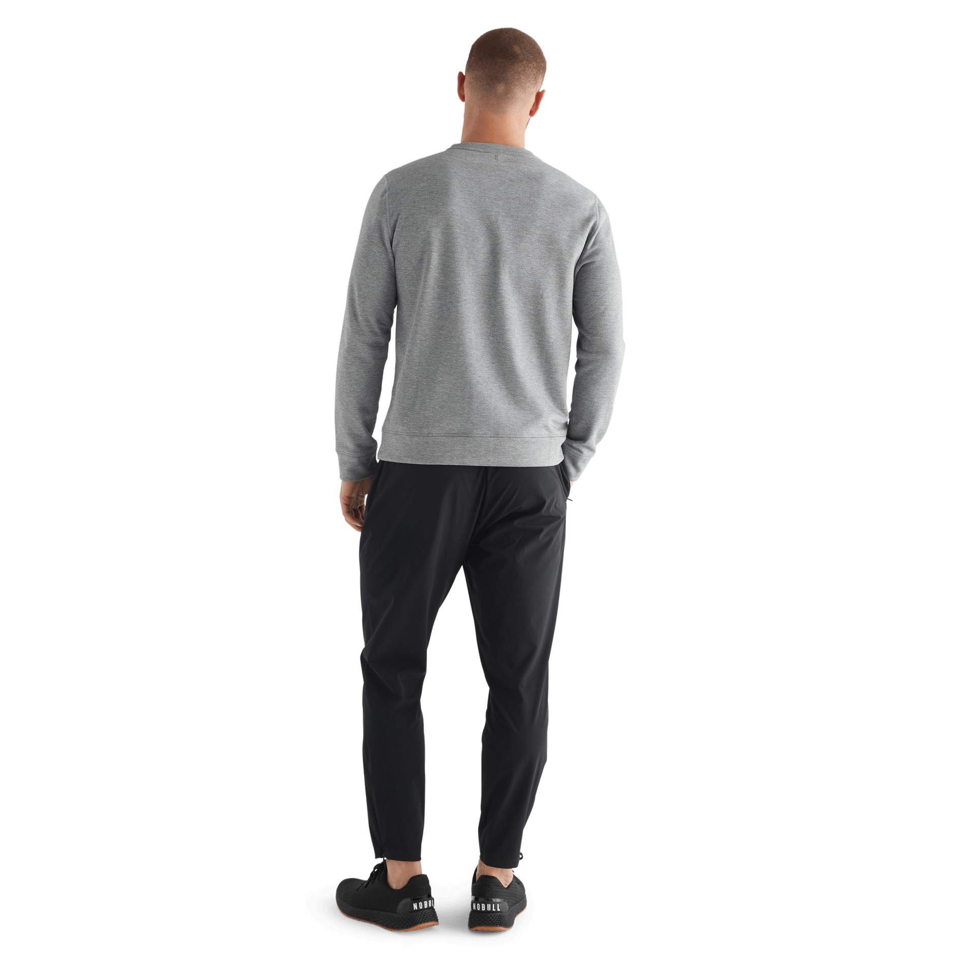 Men's Heather Grey NOBULL Crew Sweatshirt Back Full Body Angle