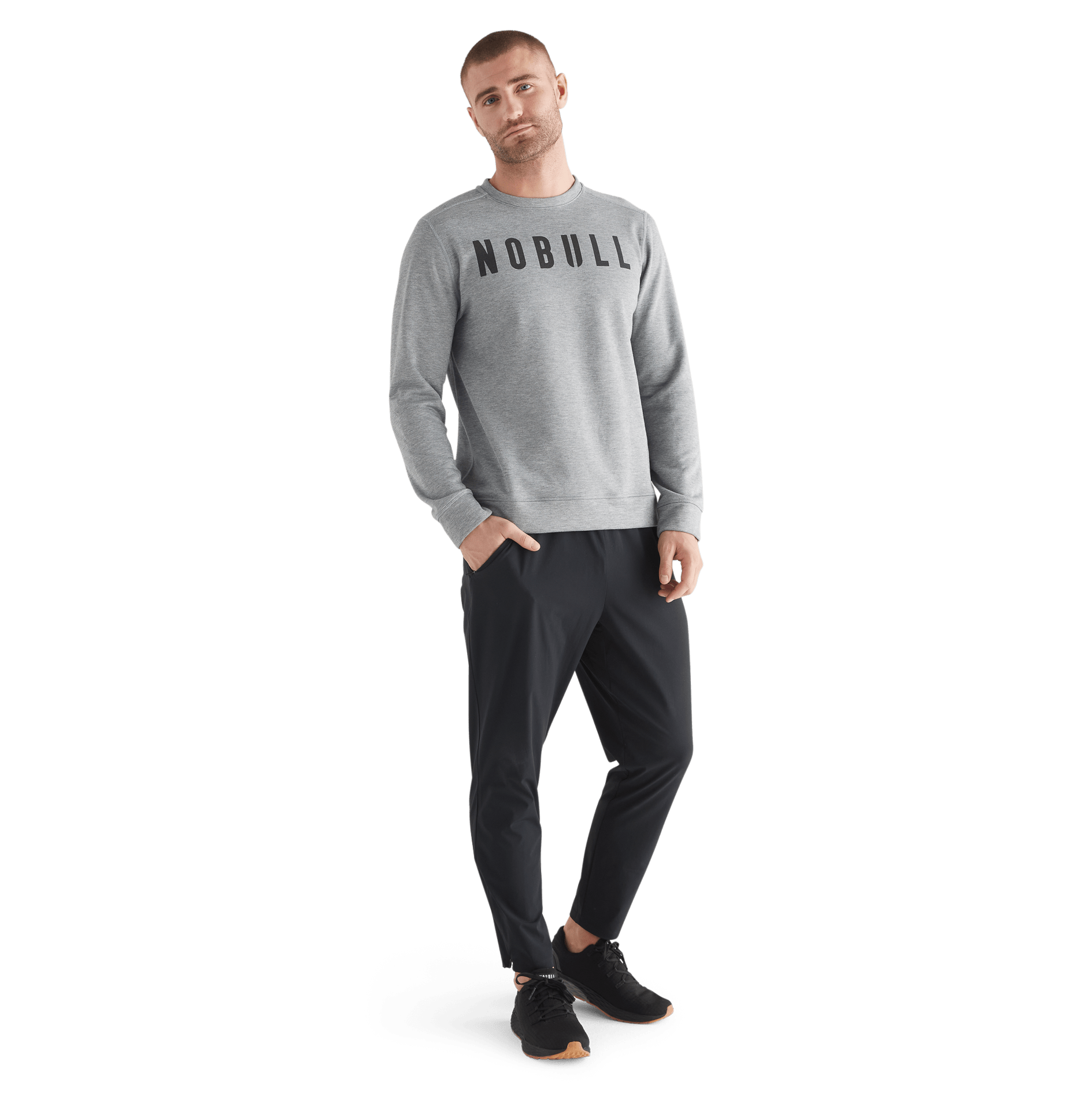 Men's Heather Grey NOBULL Crew Sweatshirt Front Full Body Angle