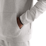 Men's Heather Grey Drive Hoodie on Model Front Pocket Detail Shot