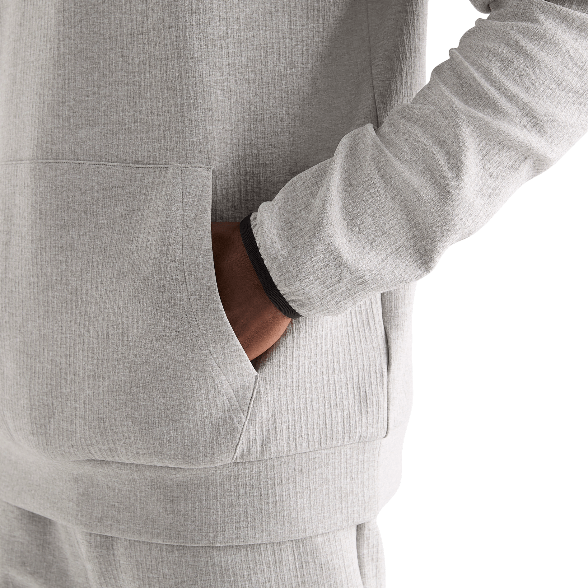Men's Heather Grey Drive Hoodie on Model Front Pocket Detail Shot