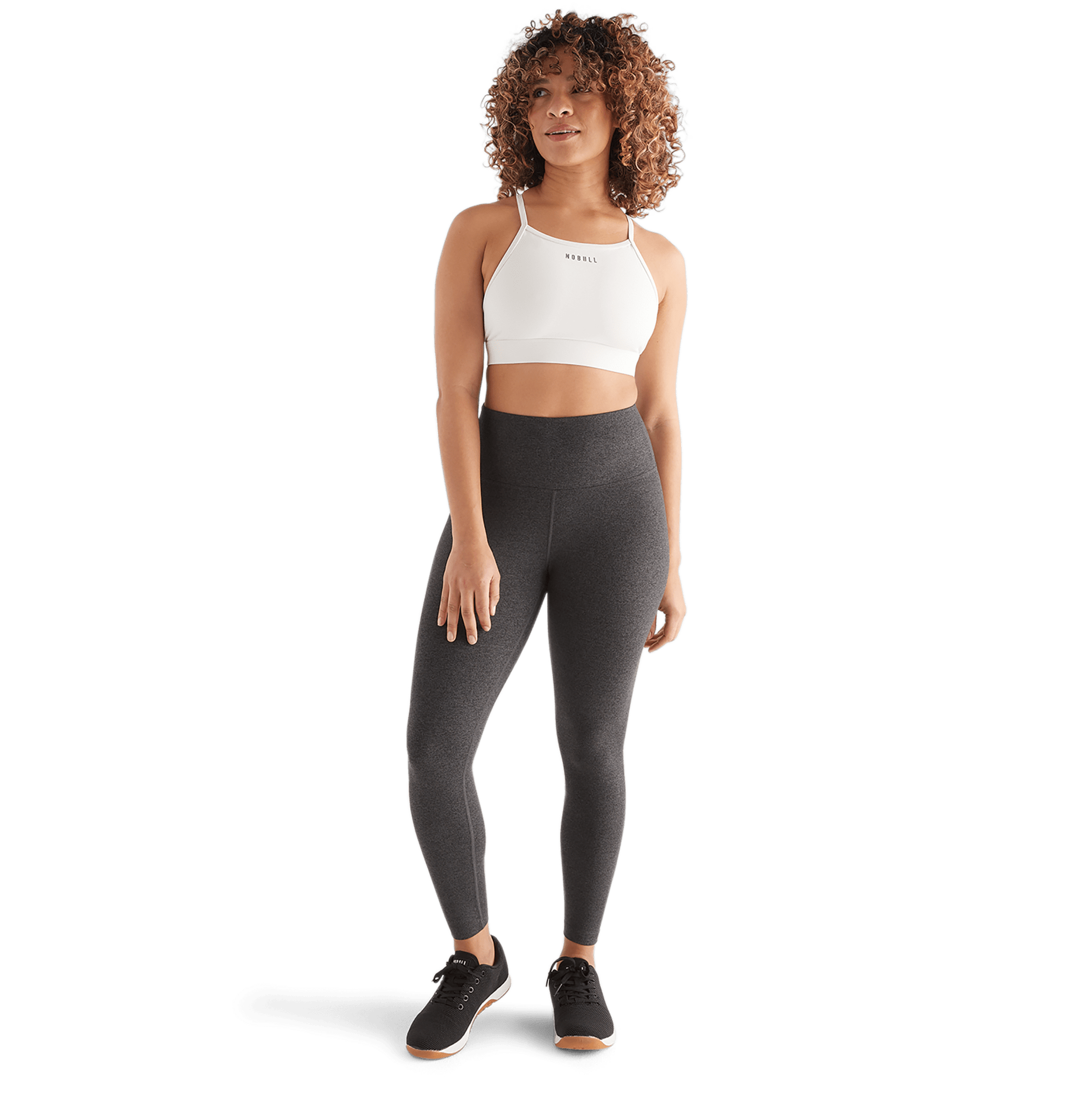 Women's Charcoal Heather Matte High-Rise Matte Tight 25" Front Full Body Angle