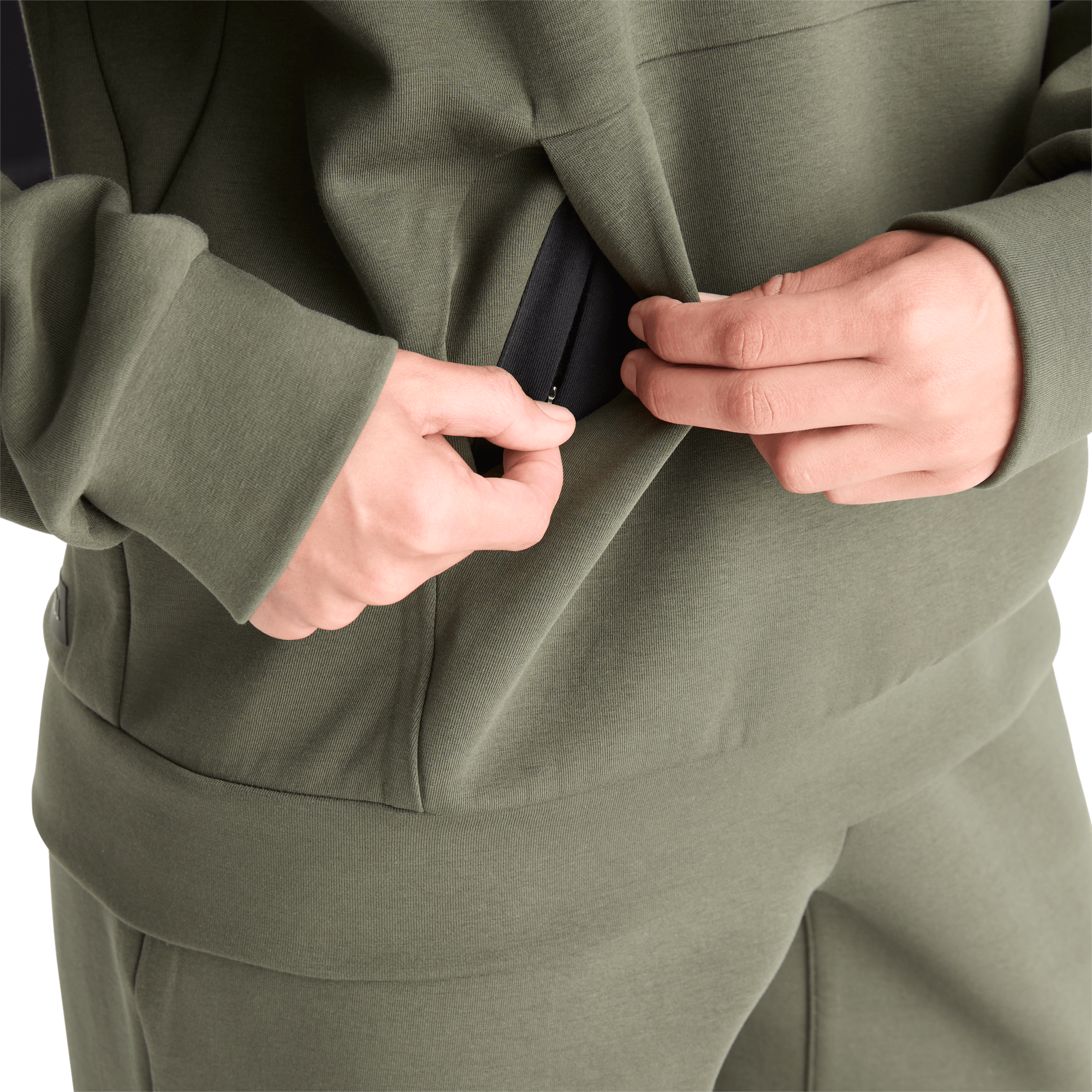 Women's Dark Army Allday Elements Hoodie Interior Pocket Zipper Angle