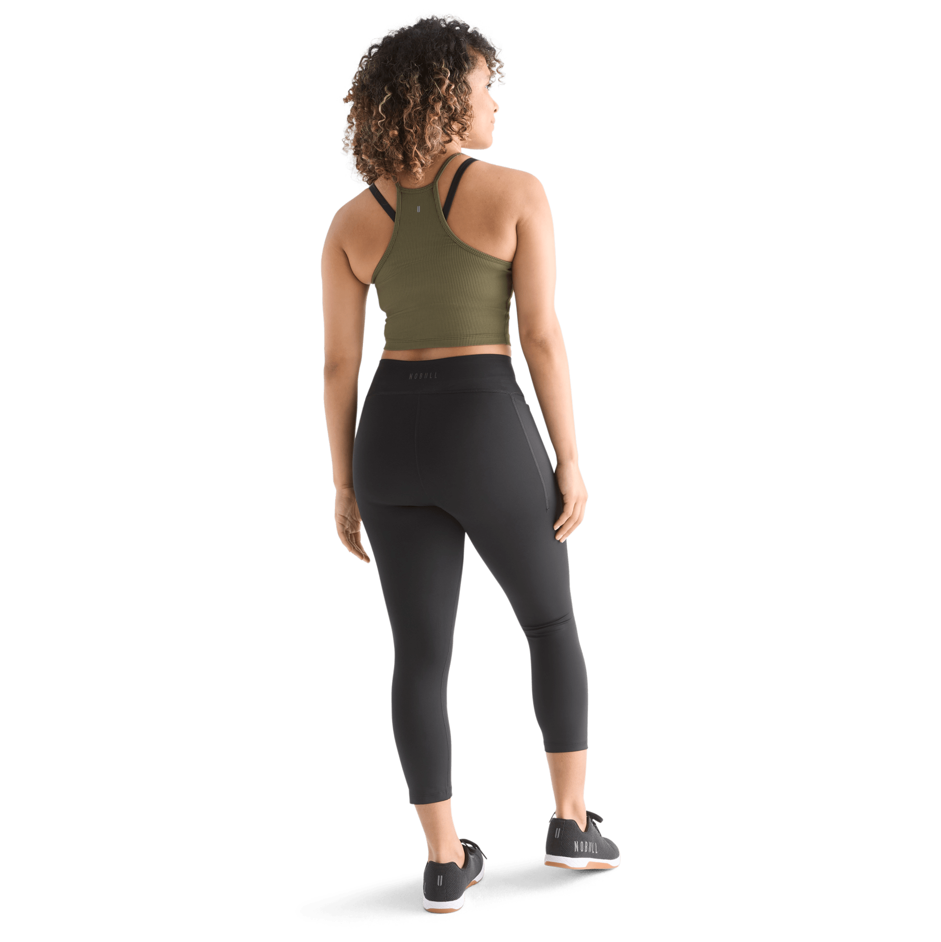 Women's Dark Army Ribbed Halter Crop Tank Back Full Body Angle