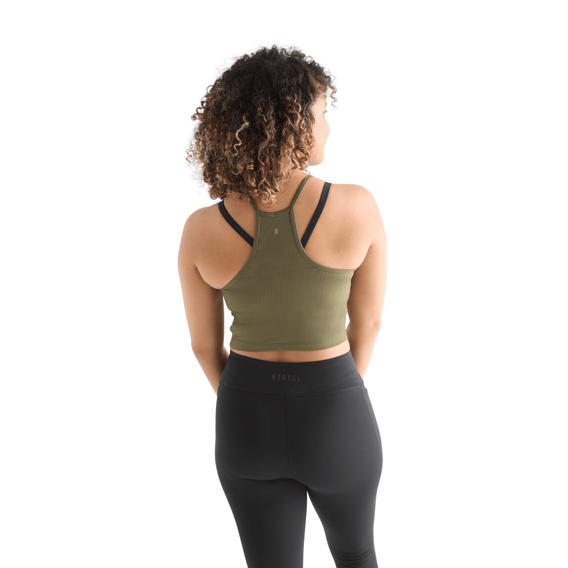Women's Dark Army Ribbed Halter Crop Tank Back Angle