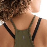 Women's Dark Army Ribbed Halter Crop Tank Logo Angle