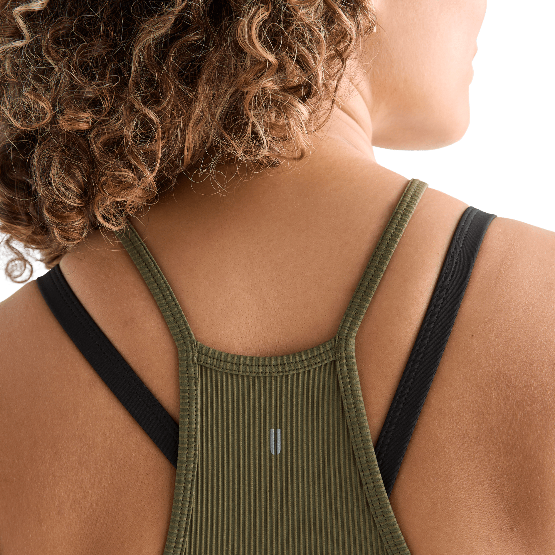 Women's Dark Army Ribbed Halter Crop Tank Logo Angle