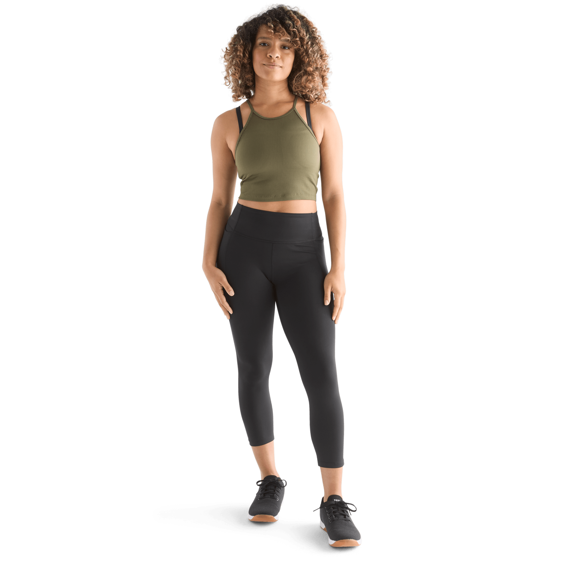 Women's Dark Army Ribbed Halter Crop Tank Front Full Body Angle