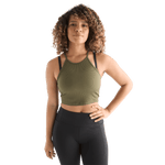 Women's Dark Army Ribbed Halter Crop Tank Front Angle