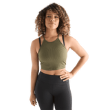 Women's Dark Army Ribbed Halter Crop Tank Front Angle