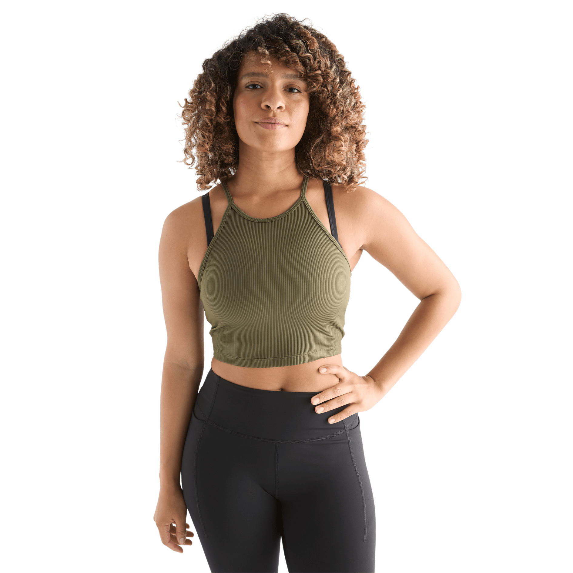 Women's Dark Army Ribbed Halter Crop Tank Front Angle