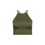 Women's Dark Army Ribbed Halter Crop Tank Silhouette Angle