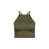 Women's Dark Army Ribbed Halter Crop Tank Silhouette Angle