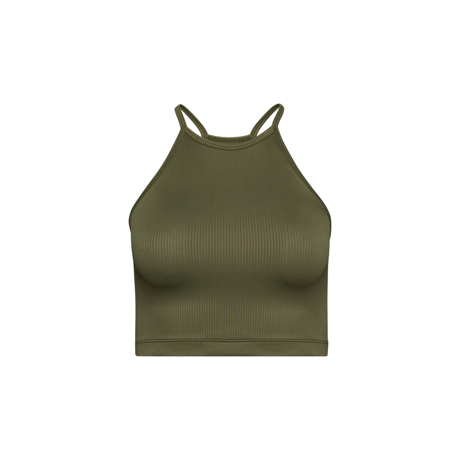 Women's Dark Army Ribbed Halter Crop Tank Silhouette Angle