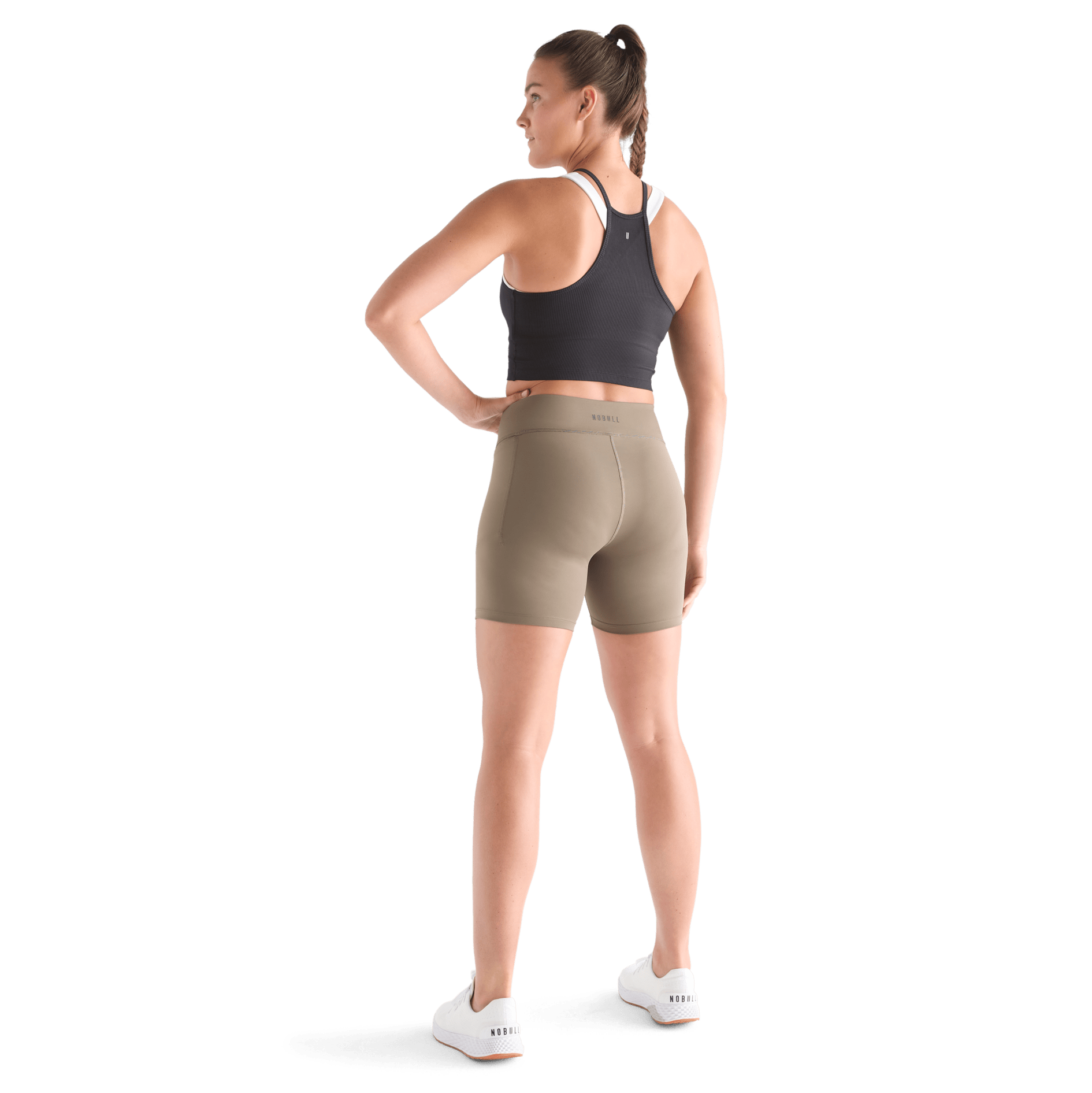 Women's Black Ribed Halter Crop Tank Back Full Body Angle