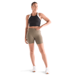 Women's Black Ribed Halter Crop Tank Front Full Body Angle