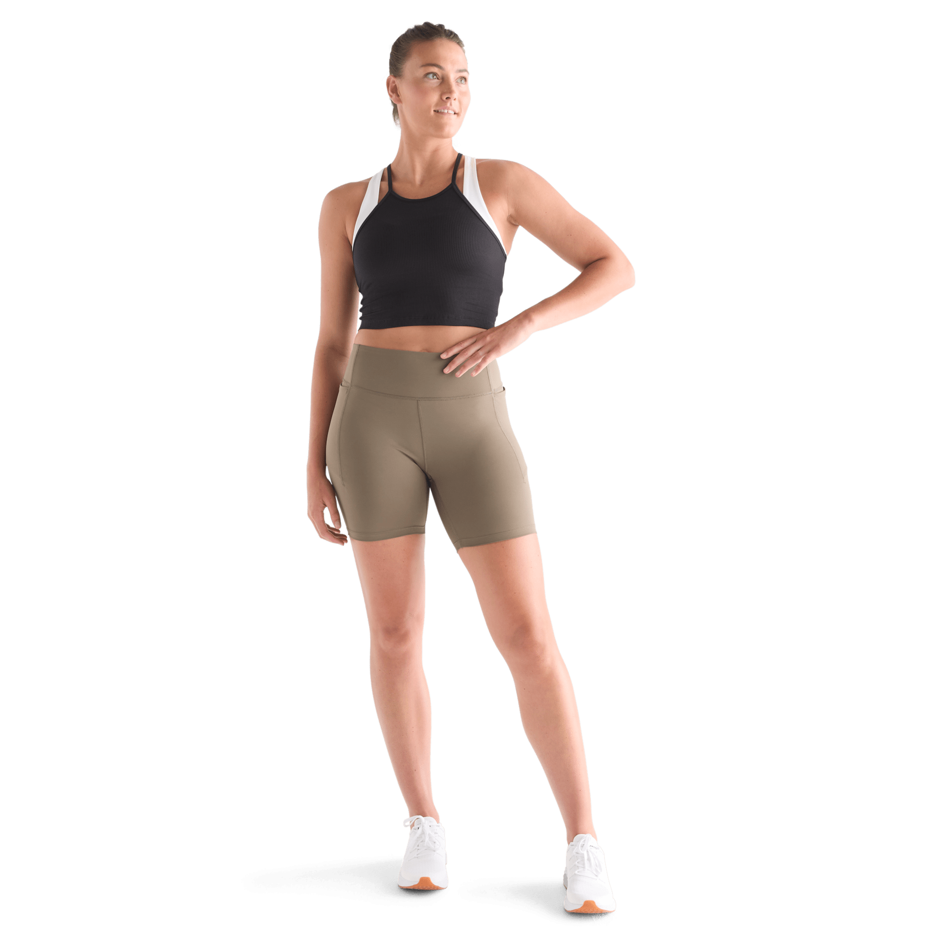 Women's Black Ribed Halter Crop Tank Front Full Body Angle