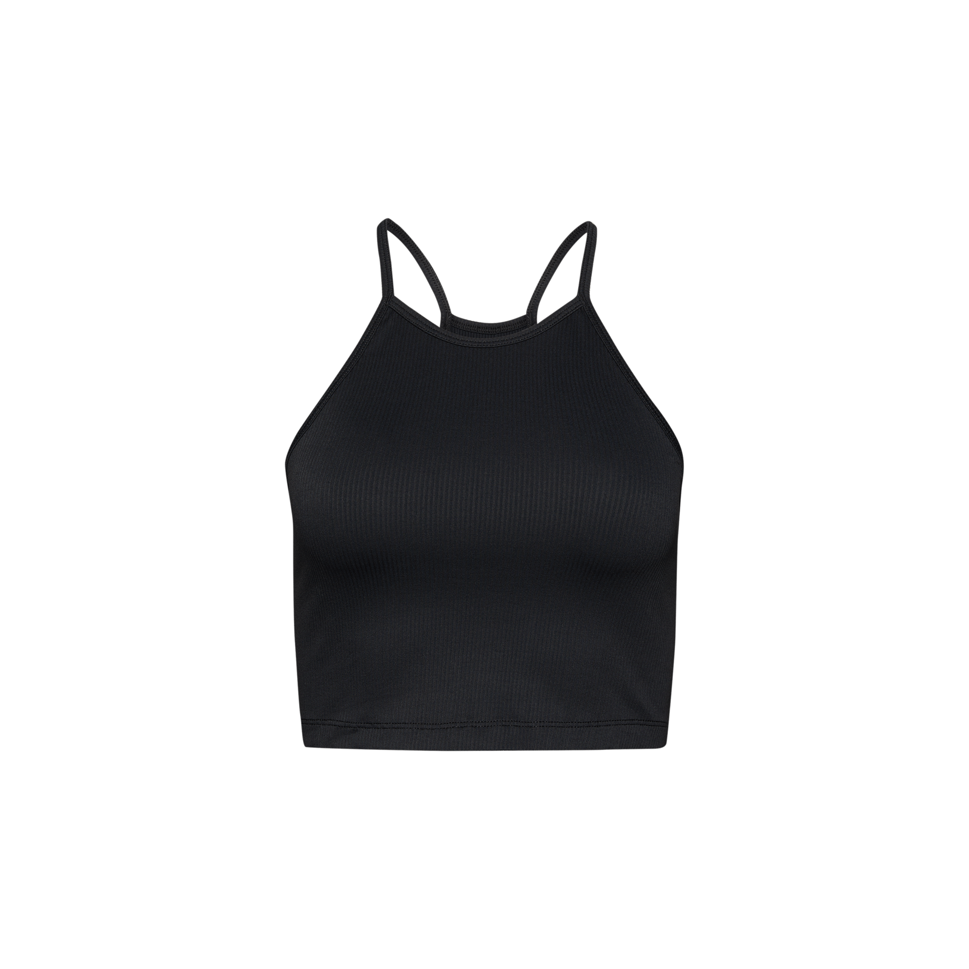 Women's Black Ribed Halter Crop Tank Silhouette Angle