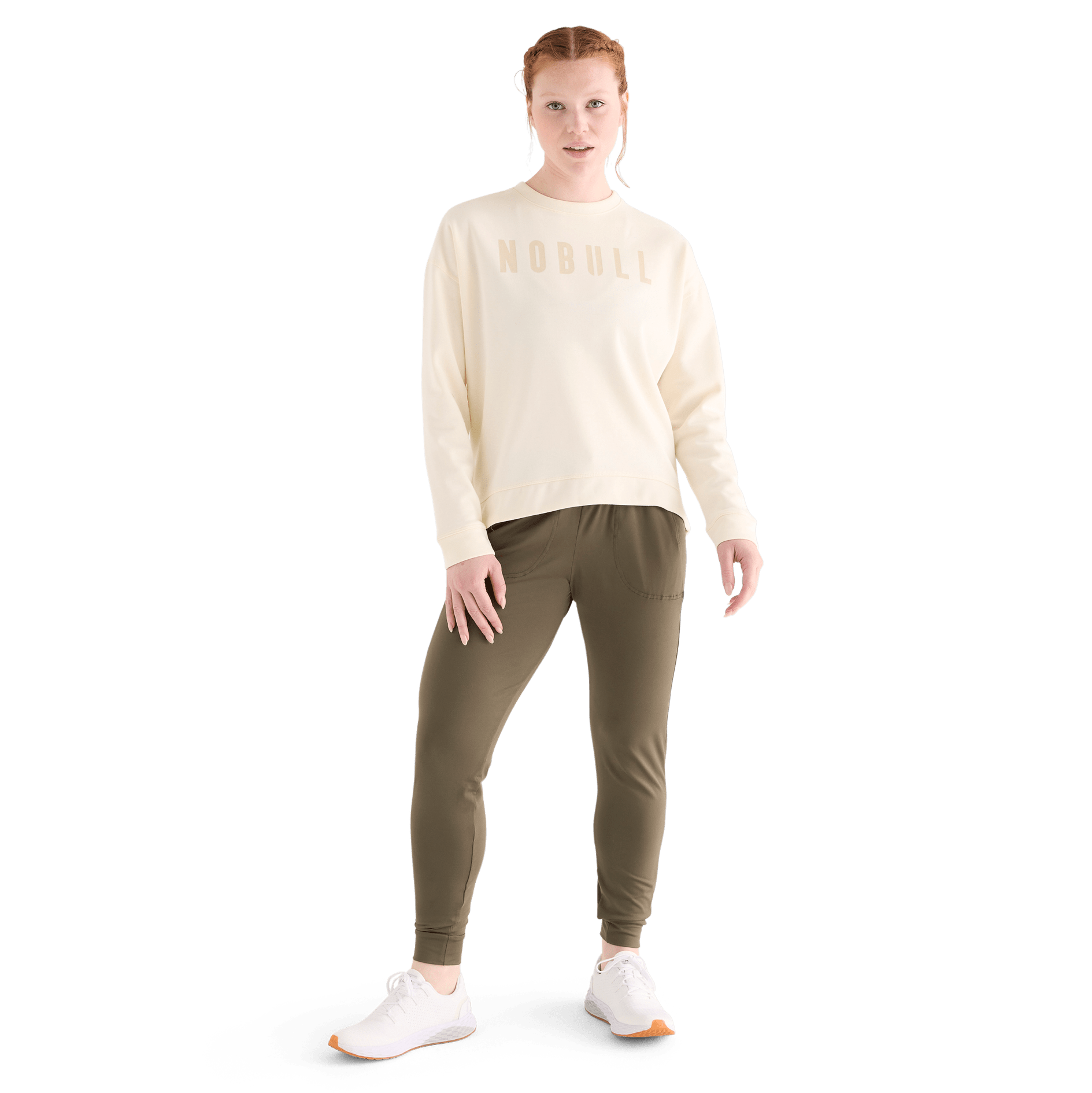 Women's Ivory NOBULL Crew Sweatshirt Front Full Body Angle