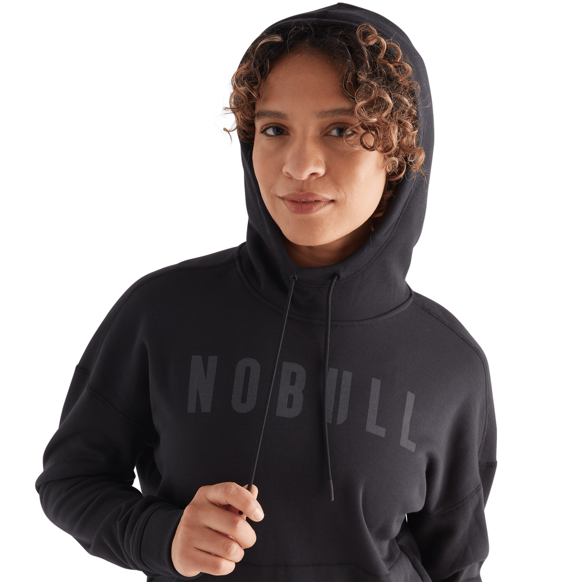 Women's Black NOBULL Hoodie Front Hood Up Angle