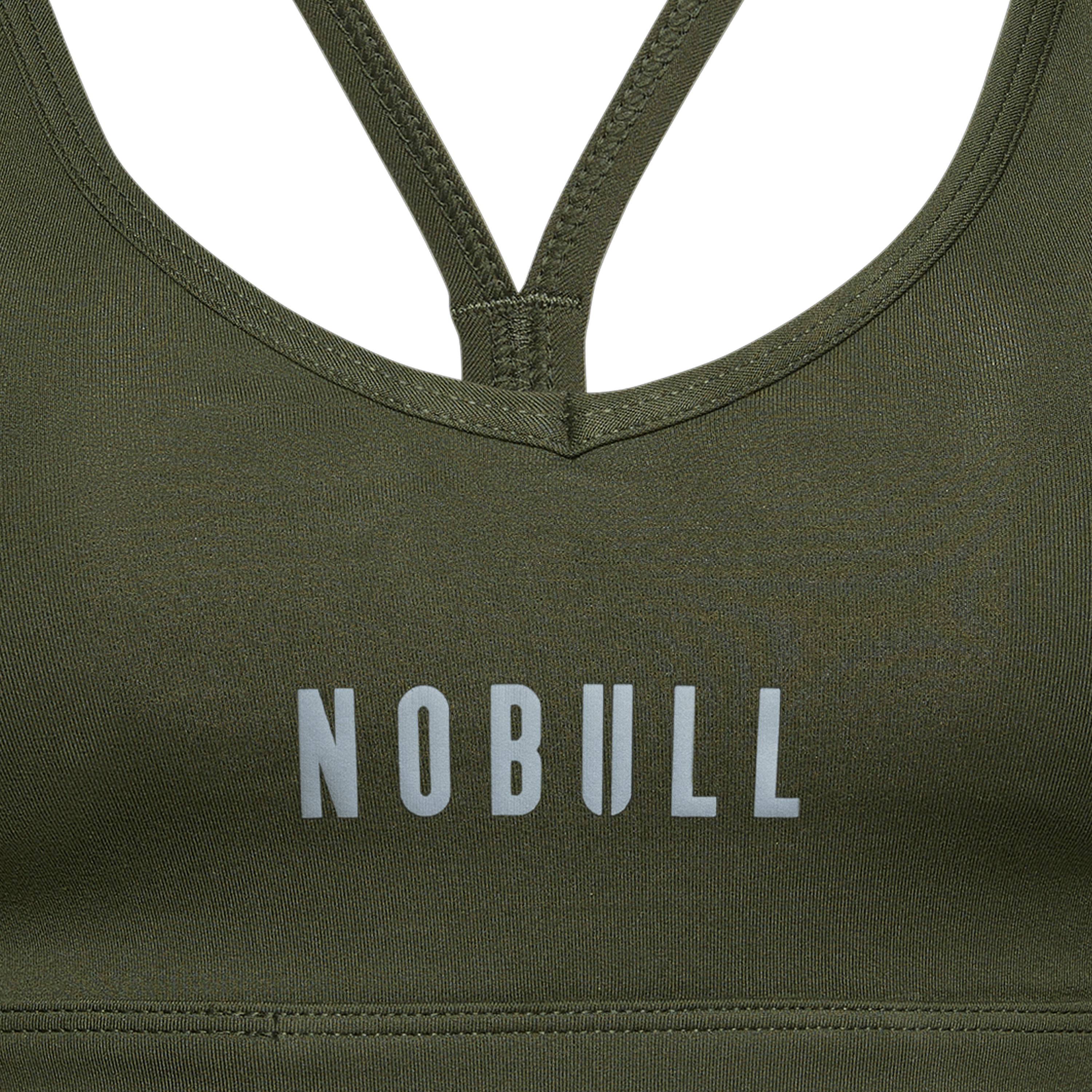 Dark Army Matte V-Neck Sports Bra Front Logo Detail Angle.